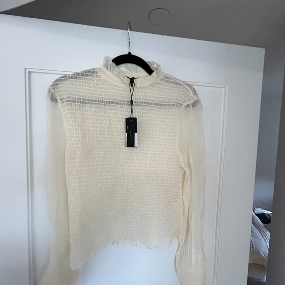 NWT Rag & Bone Kayden Sheer Smocked Ruffle Blouse Sz L in Light Dove - Picture 6 of 9